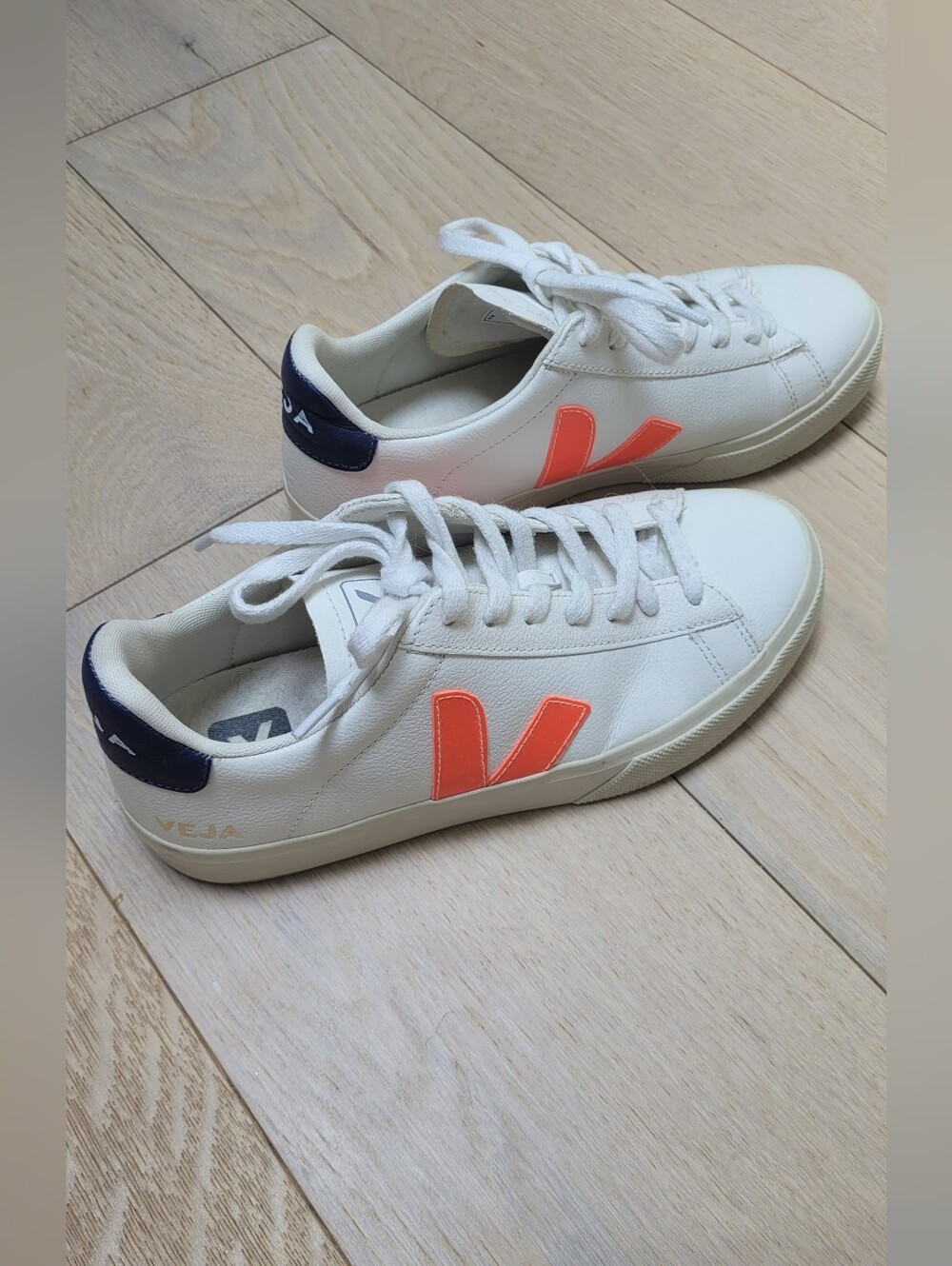 Veja White Leather Sneakers with Coral V and Navy Heel Tab